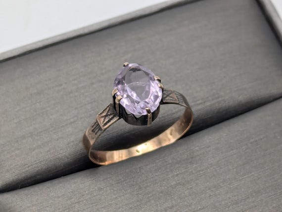 Antique 10k Gold Solitaire Amethyst Stone Cabochon Ring Victorian Gold Promise Ring.