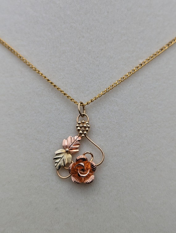 Black Hills Gold Rose Pendant Necklace, 10k 12k Leaf Vine, 16