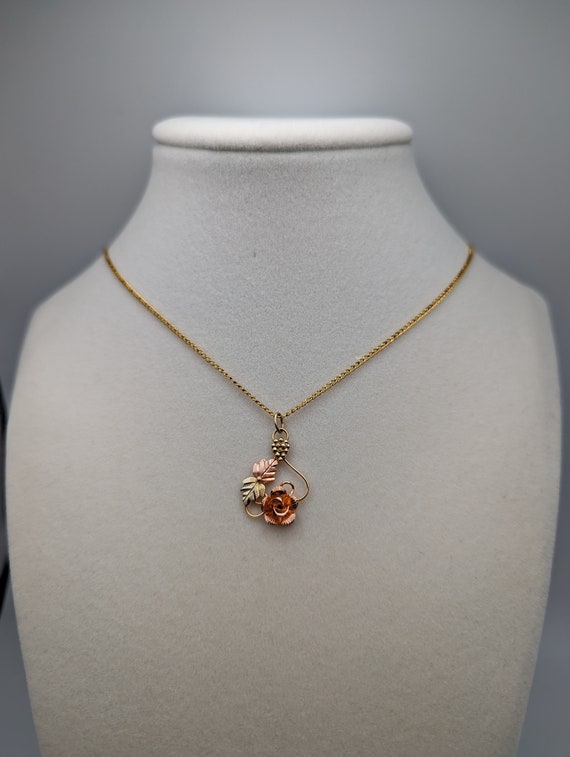Black Hills Gold Rose Pendant Necklace, 10k 12k Leaf Vine, 16