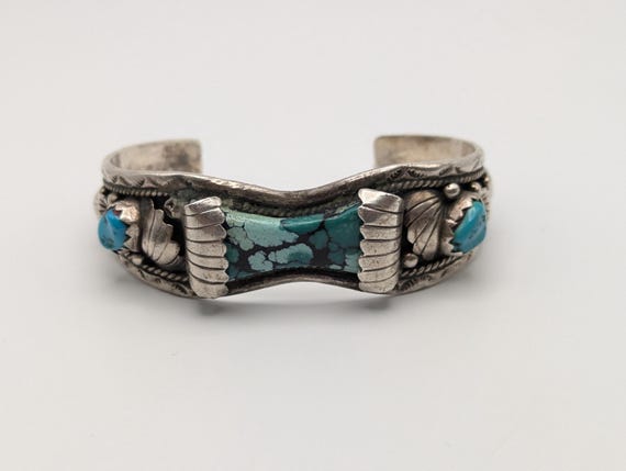 Vintage Navajo Silver J Johnson Turquoise Cuff Bracelet