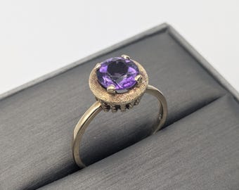 Antique 14k Gold Solitaire Purple Amethyst Stone Ring Victorian Cocktail Statement