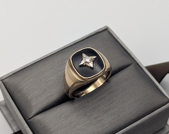 14k Vintage Heavy Black Onyx Diamond Ring Statement Ring Signet Ring
