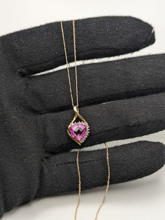 10K Yellow Gold Pink Sapphire Heart Diamond Penda… - image 2