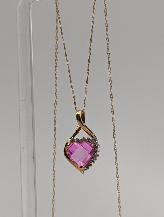 10K Yellow Gold Pink Sapphire Heart Diamond Penda… - image 6