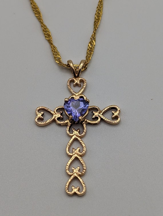 Large 14k Heart Cross with Blue Iolite Pendant. 14