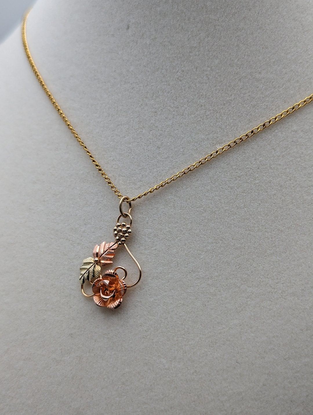 Black Hills Gold Rose Pendant Necklace, 10k 12k Leaf Vine, 16