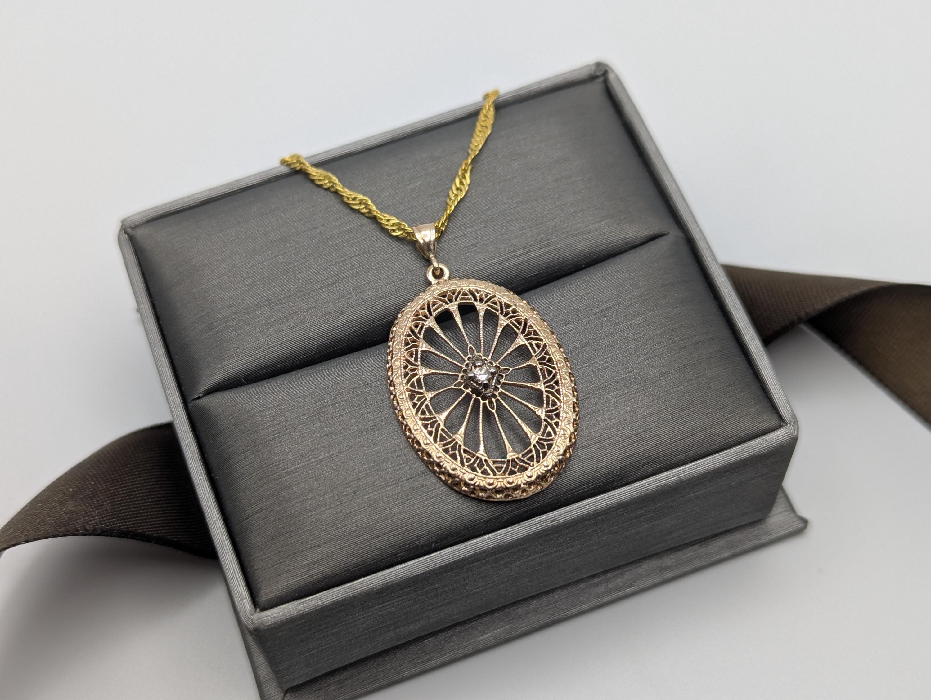 14K フィリグリー オーバル ダイヤモンド ペンダントネックレス