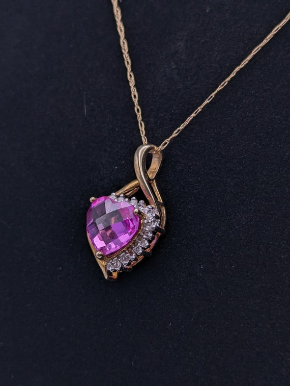 10K Yellow Gold Pink Sapphire Heart Diamond Penda… - image 1