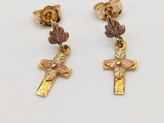 10k Black Hills Gold Cross Earrings Tri Color Vintage Pierced Cross Studs Etsy