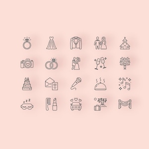 May include: A set of 20 line art icons depicting wedding related imagery, including rings, a dress, a suit, a church, a cake, champagne flutes, a microphone, a bouquet, a car, and a suitcase.
