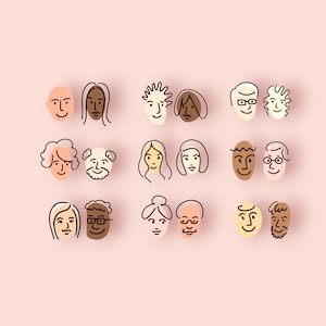 May include: A collection of 18 line drawings of faces, each with a different hairstyle, skin tone, and facial features. The faces are arranged in a grid pattern on a light pink background.
