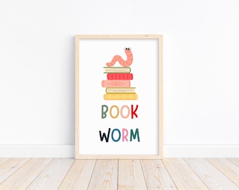 Book Worm Print: Colorful Classroom, Library Wall Art (Digital Download)