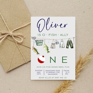 Editable Fishing 1st Birthday Invitation Template | O-FISH-ally One First Birthday Party Invite | Fishing | Editable Invitation Template