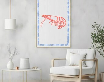 May include: A framed art print featuring a red shrimp illustration on a white background. The artwork is bordered by a blue dotted pattern and encased in a natural wood frame. The print is displayed in a modern living space.