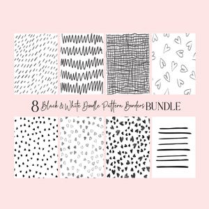 May include: Eight black and white doodle pattern borders are displayed. The patterns include dashes, zigzags, a grid, hearts, and horizontal lines. The text "8 Black & White Doodle Pattern Borders BUNDLE" is also visible.
