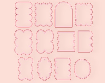 May include: Set of 12 pink and red decorative frames with scalloped edges. The frames are in various shapes, including squares, circles, and rectangles.