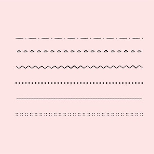 May include: A collection of black line art elements on a light pink background. The lines include dashed, dotted, zigzag, and wavy designs, suitable for graphic design or decorative purposes. The lines are evenly spaced and of varying styles.
