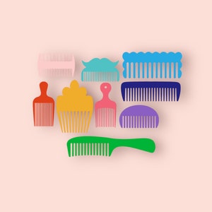 May include: A collection of colorful combs in various shapes and sizes, including a pink comb, a blue comb, a yellow comb, a red comb, a purple comb, and a green comb.