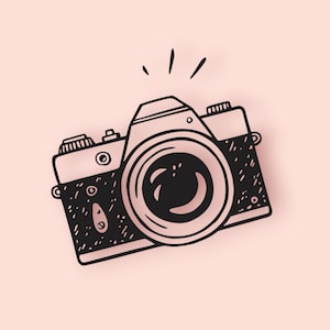 May include: A black and white illustration of a vintage camera with a lens and a flash. The camera is drawn in a simple, cartoon style.