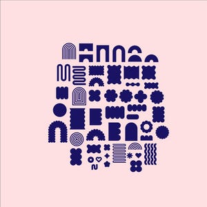 May include: A collection of blue abstract shapes, including circles, squares, rectangles, and wavy lines, arranged in a symmetrical pattern on a pink background.