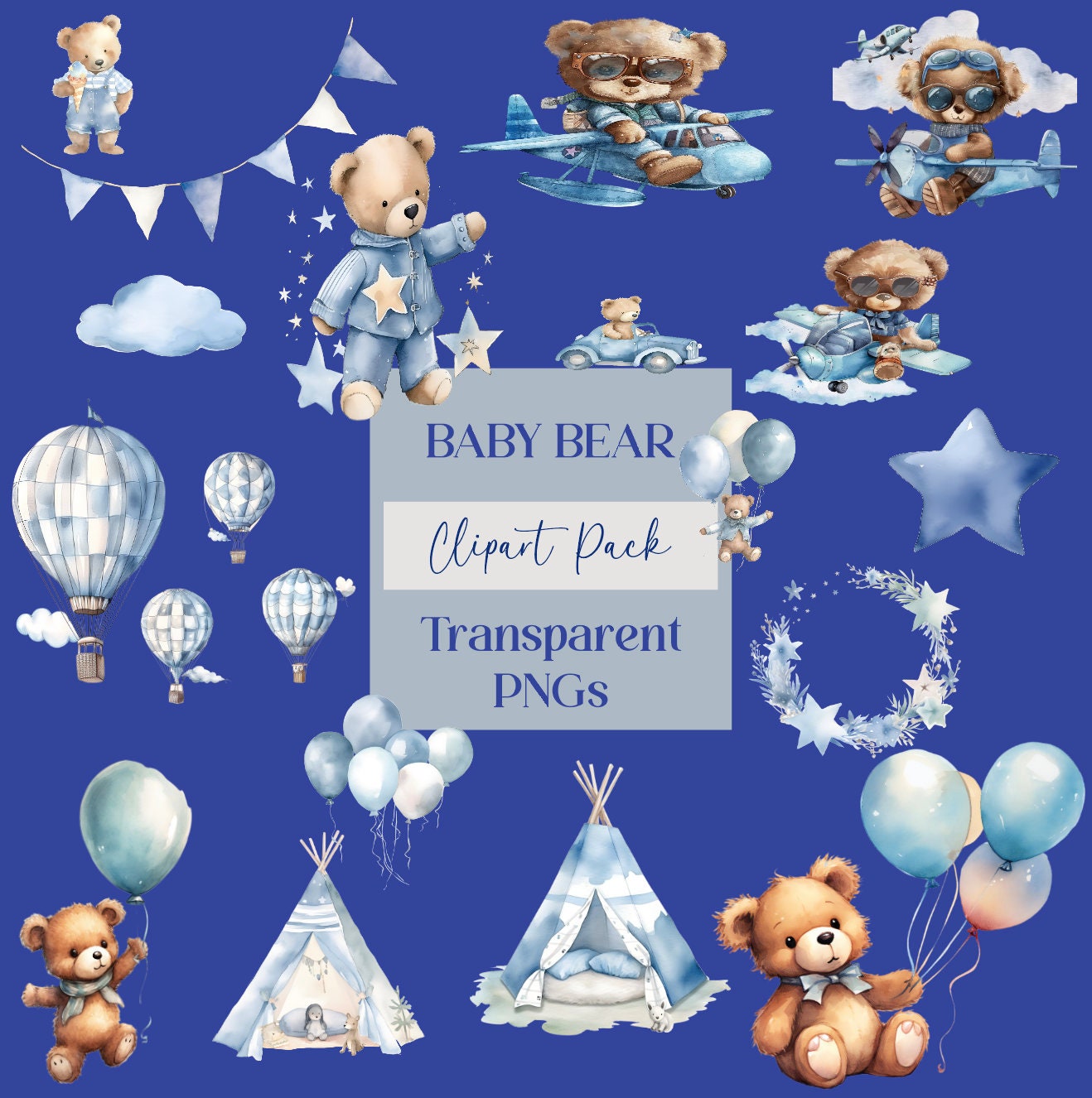 Watercolor Teddy Bear Clip Art Clipart Pack | Baby Shower | Clipart ...
