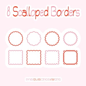 Peut inclure: Graphique numérique avec huit bordures festonnées rouges et roses, de formes circulaires et carrées. Le texte "8 Scalloped Borders" est en haut. Le fond est rose clair.