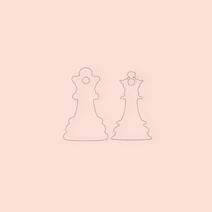 May include: Line drawing of two chess pieces, both queens, facing forward. The queens are outlined in black against a light pink background.