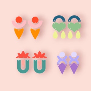 Puede incluir: Conjunto de seis pares de pendientes geométricos de colores. Cada par presenta un diseño diferente, incluyendo corazones, círculos y formas abstractas. Los pendientes están hechos de papel y tienen agujeros para colgar.