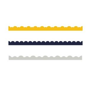 May include: Three horizontal lines with a scalloped edge design. The top line is yellow, the middle line is navy blue, and the bottom line is light grey. The lines are evenly spaced against a white background.