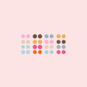 May include: A collection of colorful flower-shaped stickers in pink, blue, orange, brown, and beige. The stickers are arranged in rows and columns.
