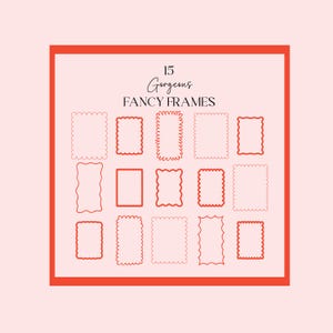 Op de afbeelding: Afbeelding met 15 rode sierlijke frames tegen een lichtroze achtergrond. De frames variëren in vorm en stijl, met geschulpte en golvende randen. De tekst "15 Gorgeous Fancy Frames" staat bovenaan.