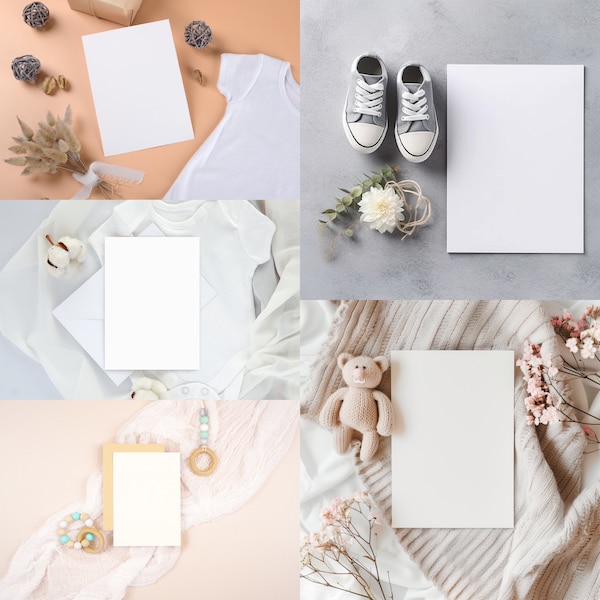 5 x Baby Shower Minimalist Flat Lay Mockup Bundle | Add Your Own Products | Digital Background Mock Up | Scene Creator Mockups | Photoshop