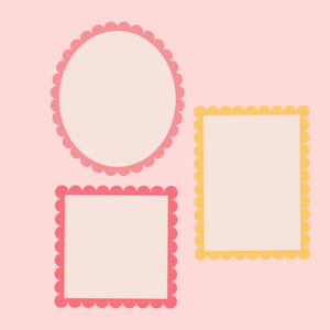 May include: Three decorative frames in a pastel colour palette. The frames include a pink oval frame, a pink square frame, and a yellow square frame. Each frame has a scalloped edge and a light peach interior, set against a soft pink background.