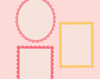 May include: Three decorative frames in a pastel colour palette. The frames include a pink oval frame, a pink square frame, and a yellow square frame. Each frame has a scalloped edge and a light peach interior, set against a soft pink background.