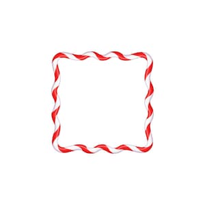 Puede incluir: Un marco cuadrado hecho de bastones de caramelo retorcidos rojos y blancos. Los bastones de caramelo están dispuestos para formar un borde, con las rayas rojas y blancas creando un diseño festivo y decorativo. El marco está sobre un fondo blanco.