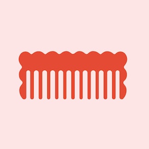 May include: A red comb with a scalloped top and vertical teeth. The comb is a solid color and is set against a light pink background. The comb is a beauty product.