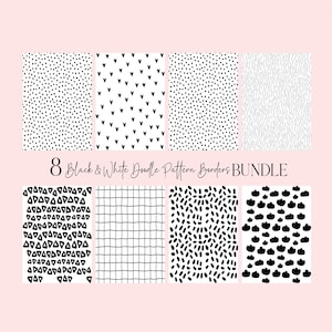 Puede incluir: Una colección de ocho bordes de patrones de garabatos en blanco y negro. Los patrones incluyen puntos, corazones, líneas, triángulos, cuadrículas y formas de nubes. El texto dice "8 Black & White Doodle Pattern Borders BUNDLE".