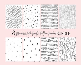 May include: A collection of eight black and white doodle pattern borders. The designs feature lines, squiggles, dots, and zigzags. The text "8 Black & White Doodle Pattern Borders BUNDLE" is displayed in the centre of the image.