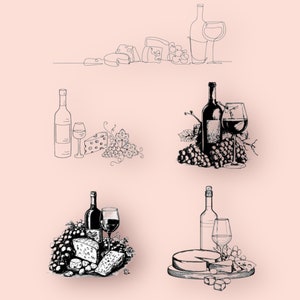 Könnte beinhalten: Drei Illustrationen von Wein- und Käse-Kombinationen. Die erste Illustration zeigt eine Weinflasche, ein Weinglas und einen Teller Käse. Die zweite Illustration zeigt eine Weinflasche, ein Weinglas, einen Teller Käse und eine Traube. Die dritte Illustration zeigt eine Weinflasche, ein Weinglas, einen Teller Käse, eine Traube und einen runden Käselai.