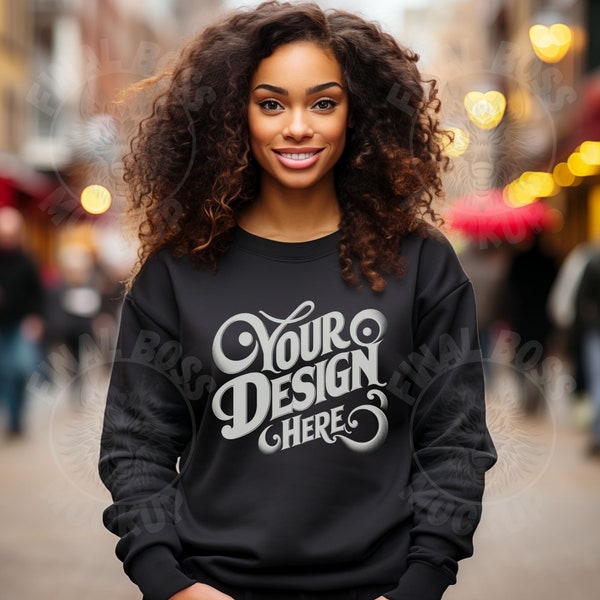 Black Gildan 18000 Sweatshirt Mockup | Black G180 Mockup | Printful Oversized Sweater | Curly-Hair Black Girl Model | High-Res Download