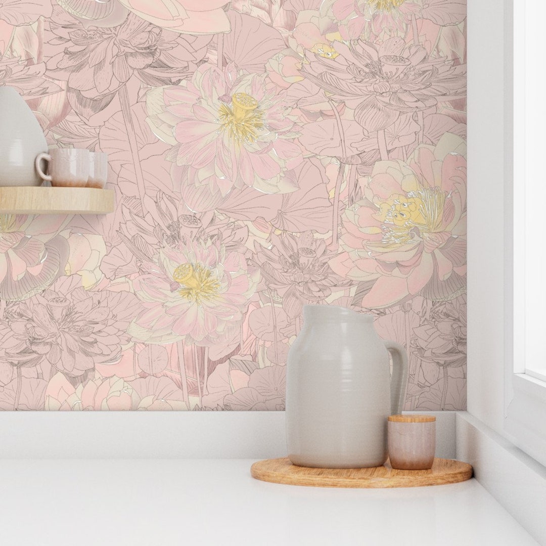 Soft Pastel Pink Lotus Flower Peel and Stick Wallpaper, Hand Drawn