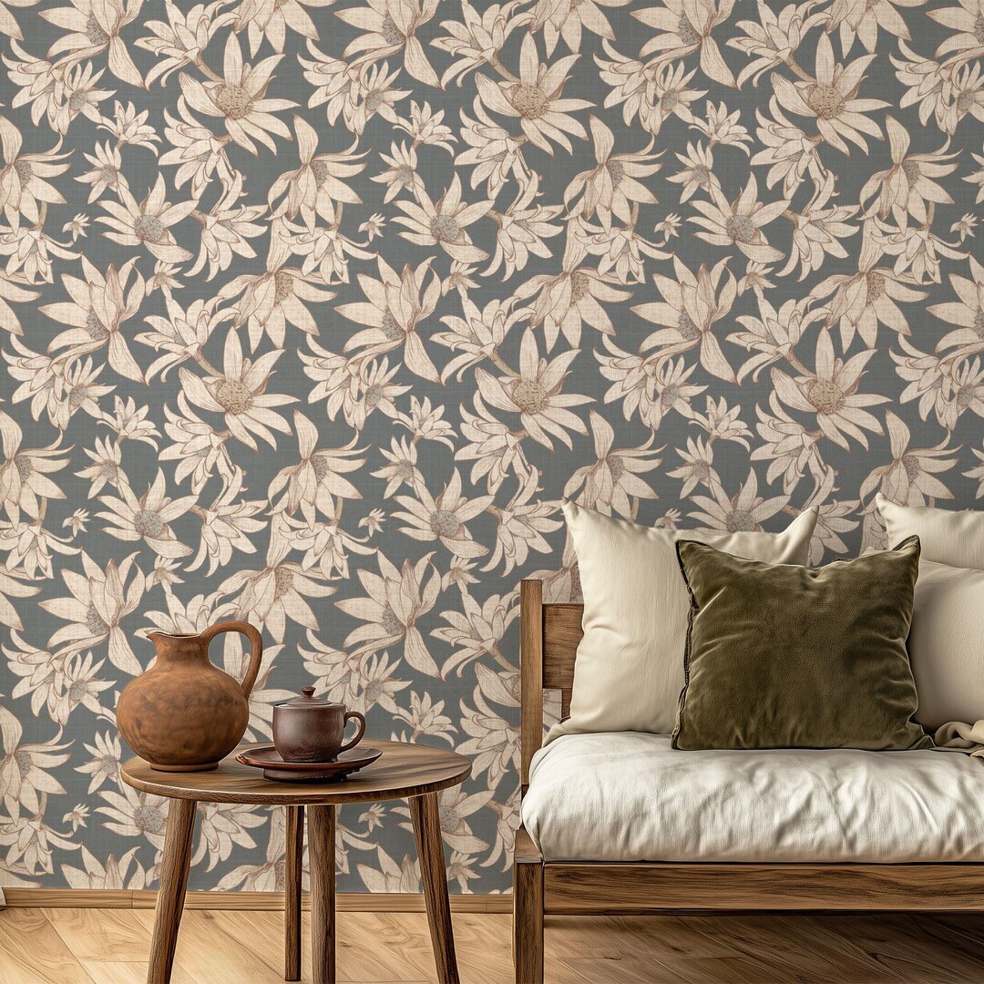 Blue Grey Botanical Wallpaper – Soft Cream Florals for Calm Coastal
