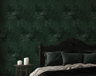 Dark Enchanting Forest Botanical Wallpaper, DIY Dark Green Floral Moody Wall Covering, Self Adhesive Peel & Stick Removable Wallpaper