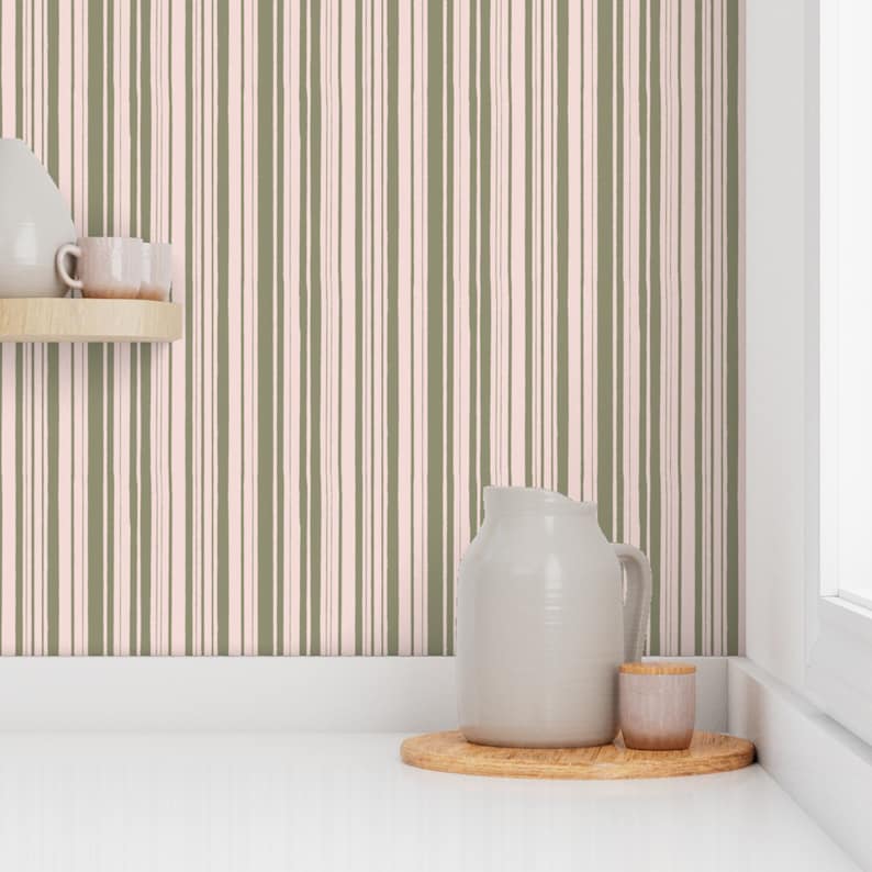 Pink Stripe Wallpaper, Light Pink Stripe Vertical, Sage Green