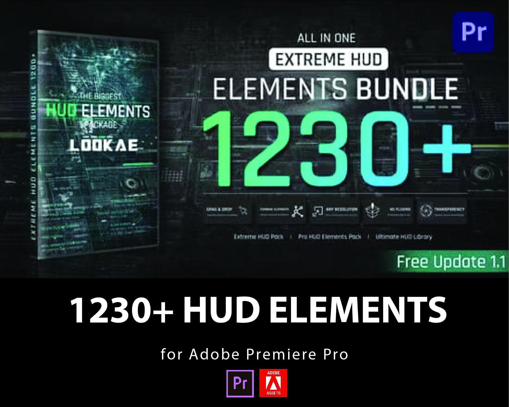 1230+ Extreme HUD Elements Bundle UI Paket | Titel, Element, Technik, Grafik, Effekte, Future, Overlay | für Adobe Premiere Pro