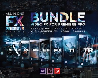 Paquete de ajustes preestablecidos TODO en UNO FX para Adobe Premiere Pro / Transiciones, efectos, títulos, Vhs, efectos de pantalla, logotipos, sonidos, efectos especiales