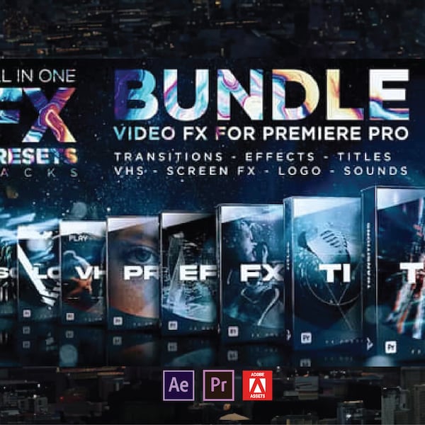 Paquete de ajustes preestablecidos TODO en UNO FX para Adobe Premiere Pro / Transiciones, efectos, títulos, Vhs, efectos de pantalla, logotipos, sonidos, efectos especiales