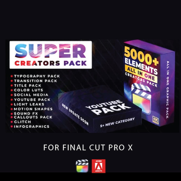 Pacchetto 5000 Super Creators / Titolo testo social media Tipografia grafica Animazione LUT Color Grading Transition Deluxe Bundle / Plugin FCPX