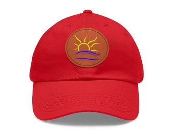 Red Unisex Dad Hat Naturist Symbol Leather Patch, nudist lifestyle