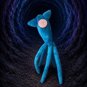 May include: A plush toy with a bright blue, soft-textured body featuring three long, slender legs and two pointed ears. A single, round, light-colored button is sewn onto the side of the head, serving as a singular eye on the creature's face.